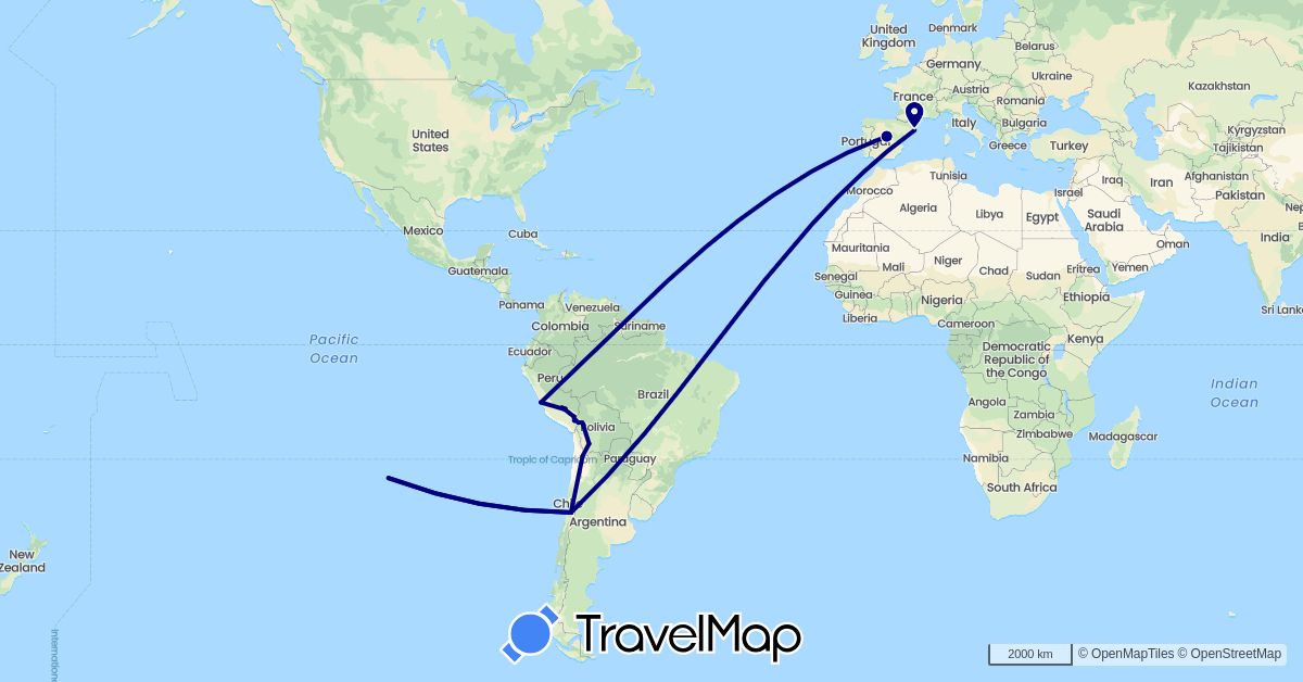 TravelMap itinerary: driving in Bolivia, Chile, Spain, Peru (Europe, South America)